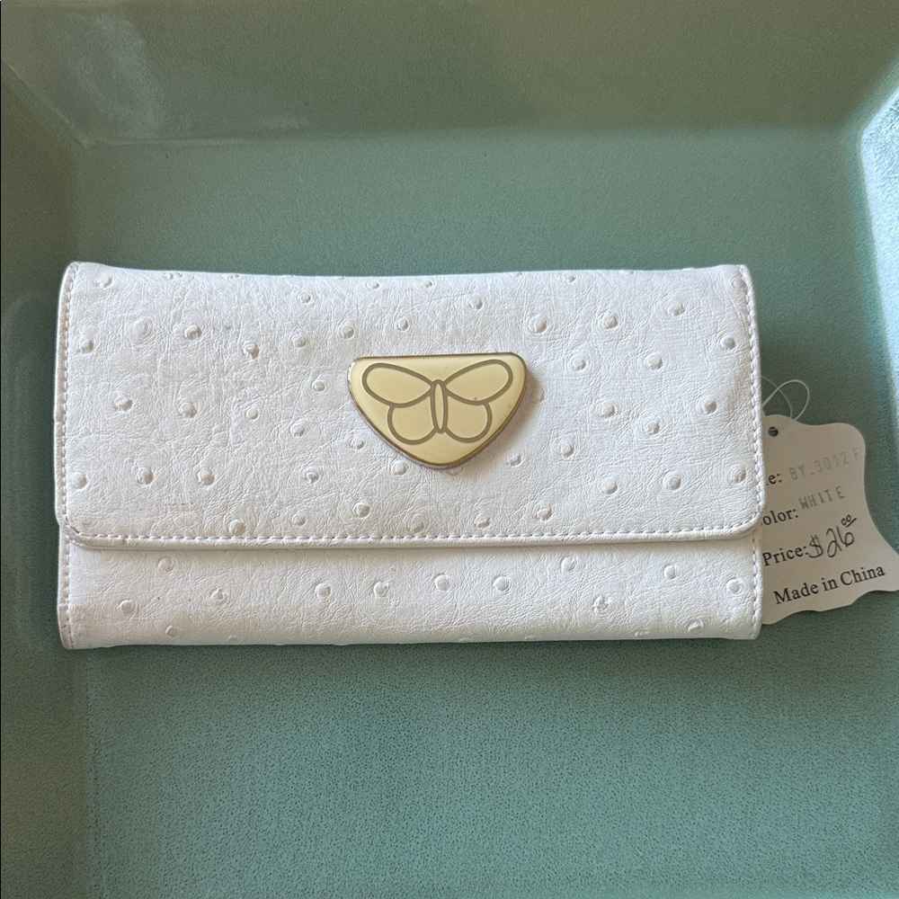 Gold and White Wallet with Butterfly Textured Design